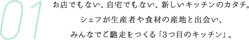 お店でもない、自宅でもない、新しいキッチンのカタチ。シェフが生産者や食材の産地と出会い、みんなでご馳走をつくる「3つ目のキッチン」。